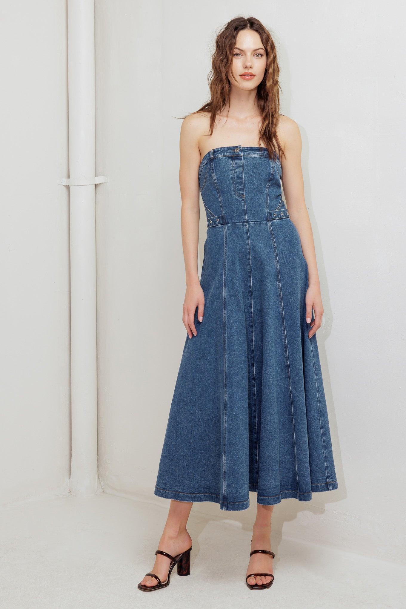 Midnight Structure Denim Midi Dress in indigo, view 1 — Soul Flow Apparel