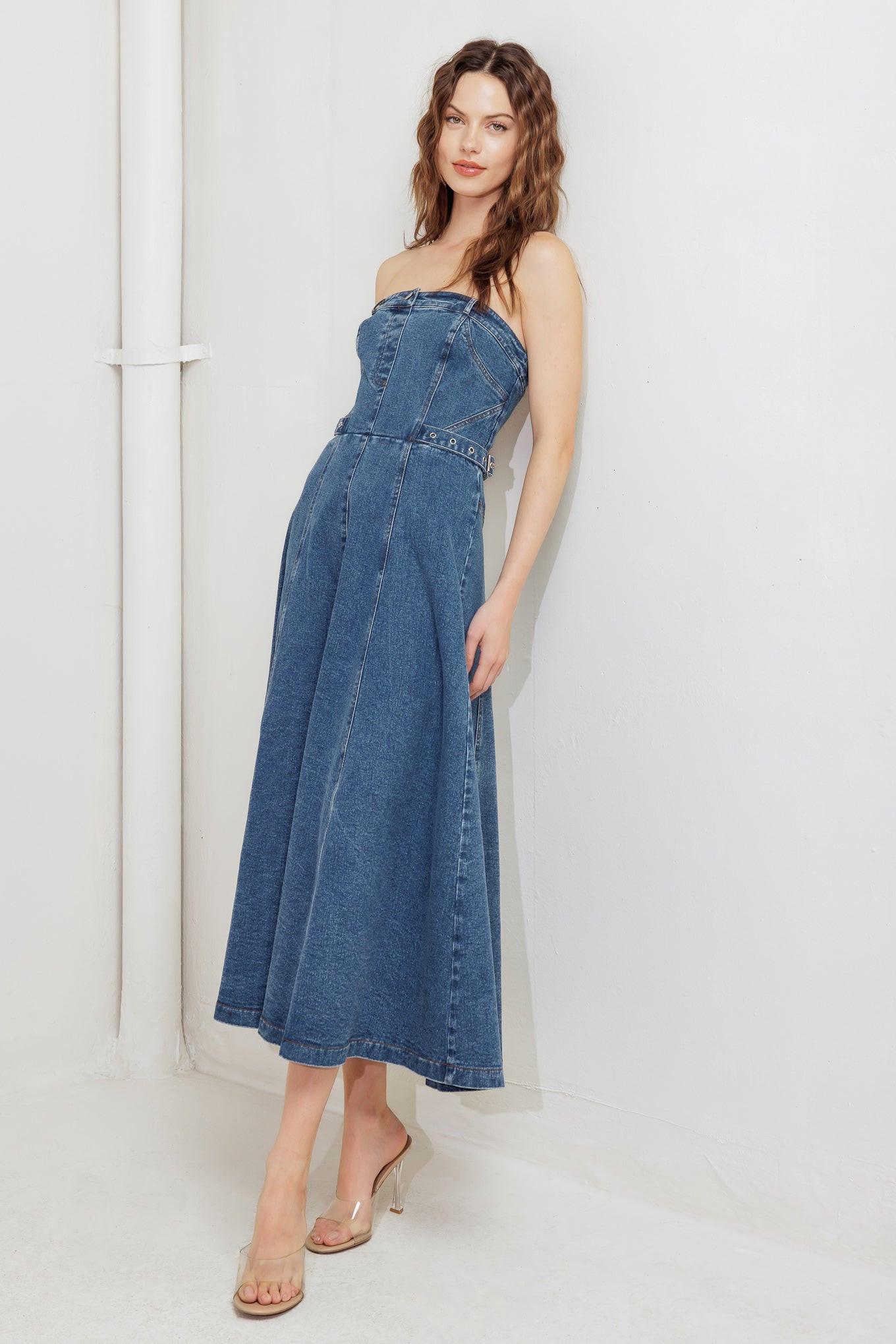 Midnight Structure Denim Midi Dress in indigo, view 2 — Soul Flow Apparel