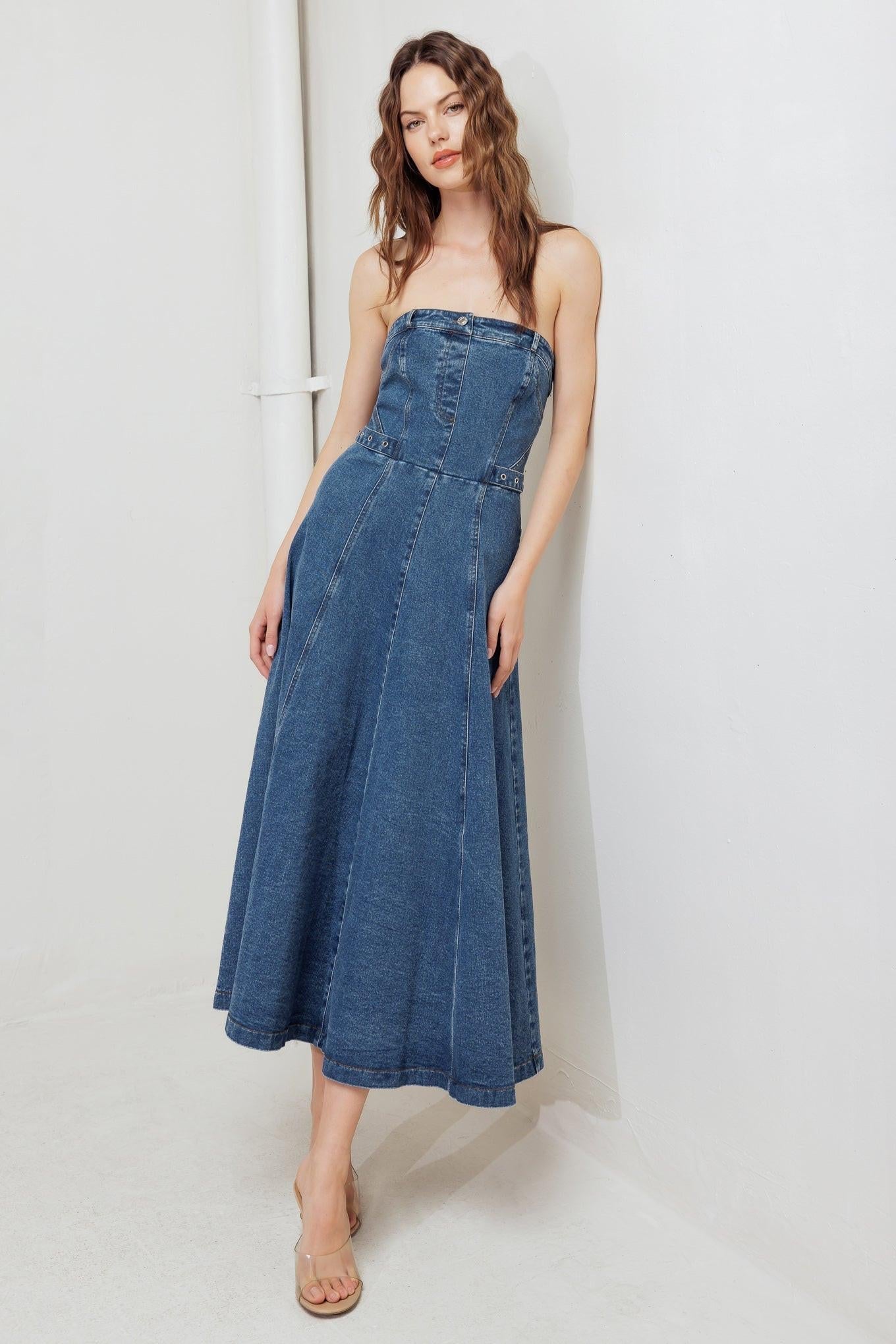 Midnight Structure Denim Midi Dress in indigo, view 4 — Soul Flow Apparel