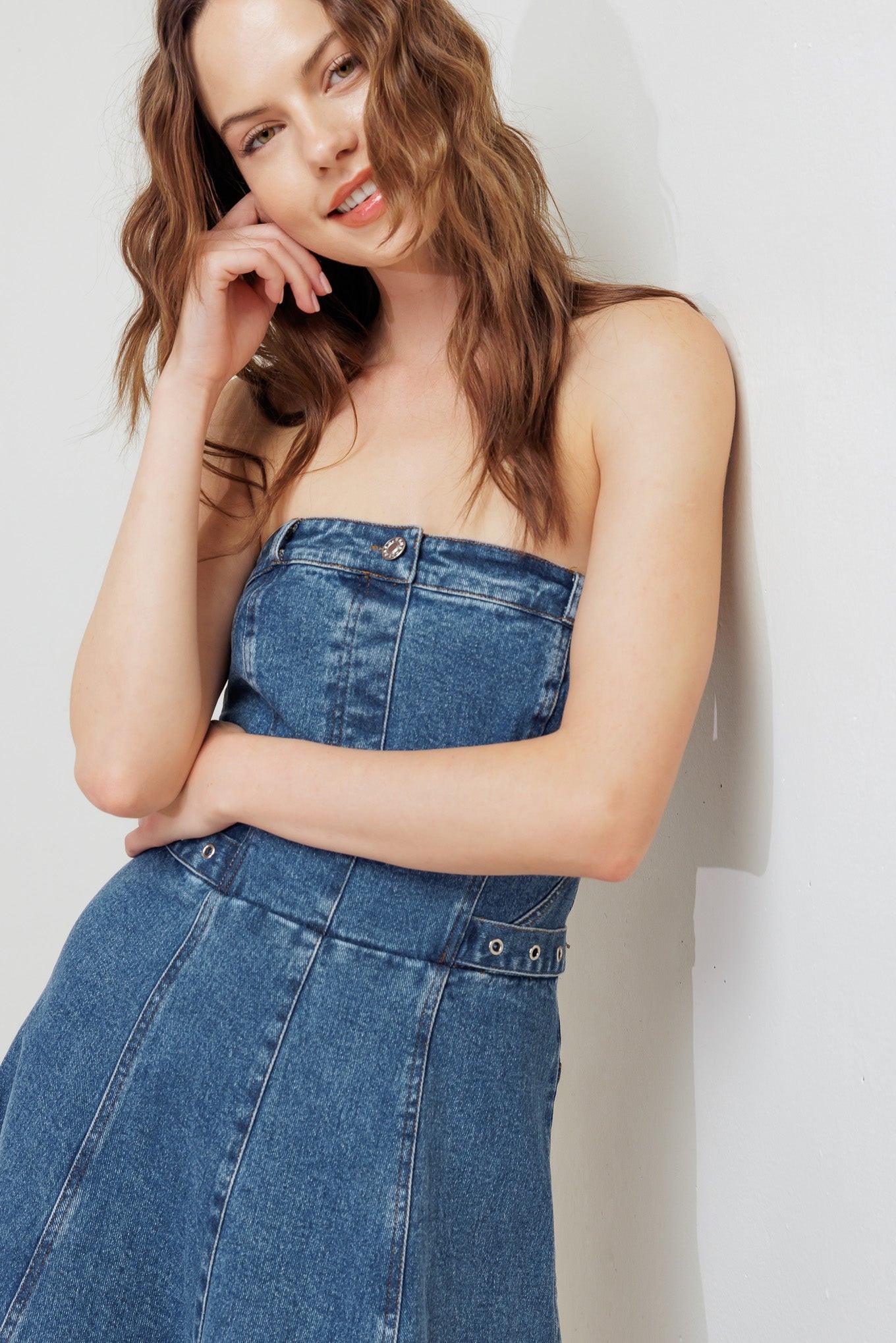 Midnight Structure Denim Midi Dress in indigo, view 5 — Soul Flow Apparel