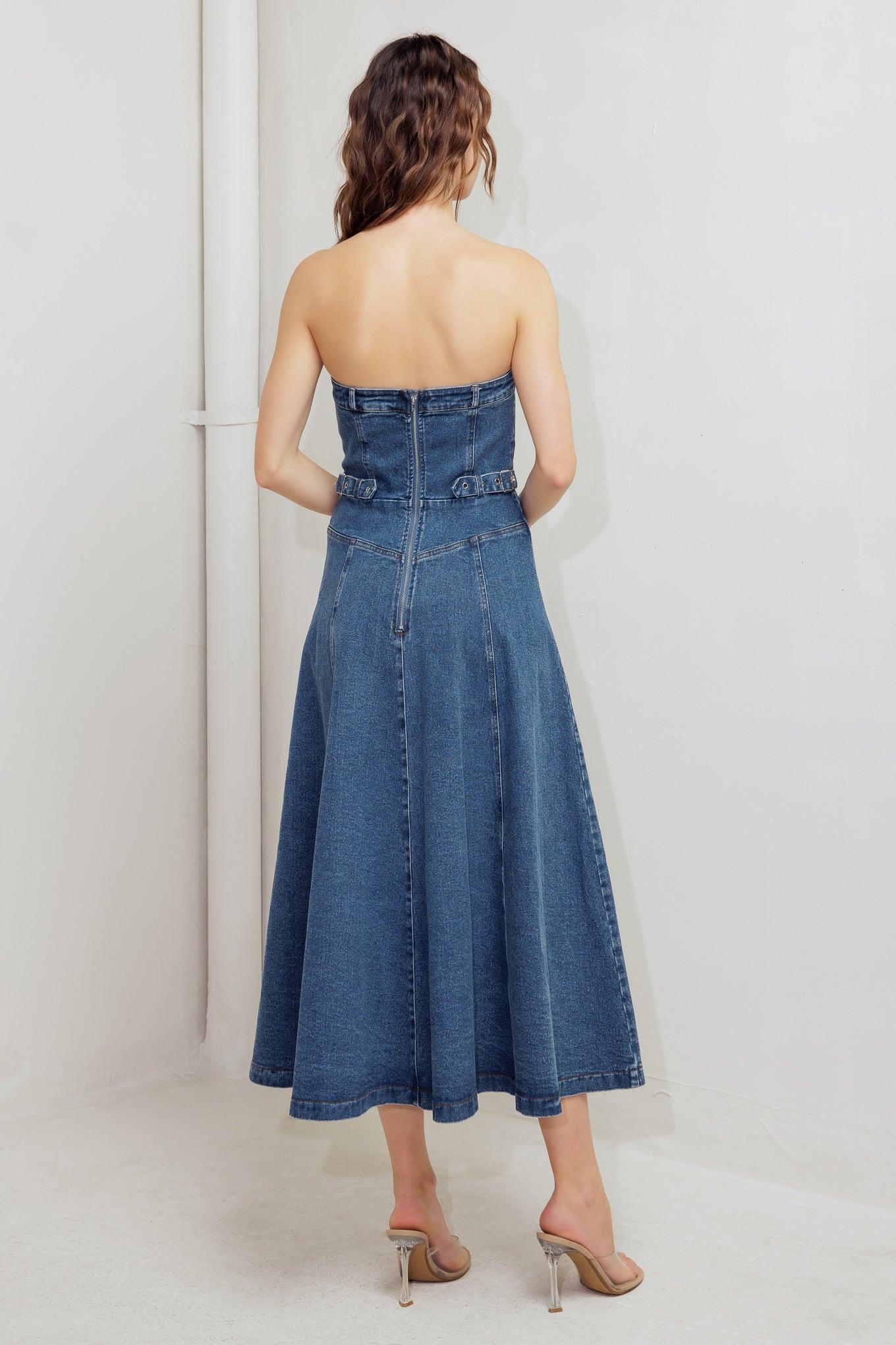 Midnight Structure Denim Midi Dress in indigo, view 6 — Soul Flow Apparel