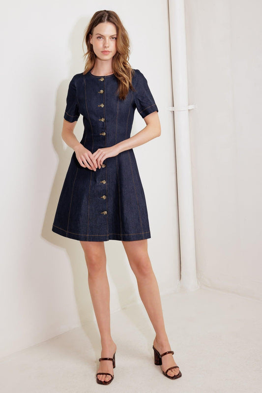 Indigo Tempo Denim Mini Dress in dark, view 1 — Soul Flow Apparel