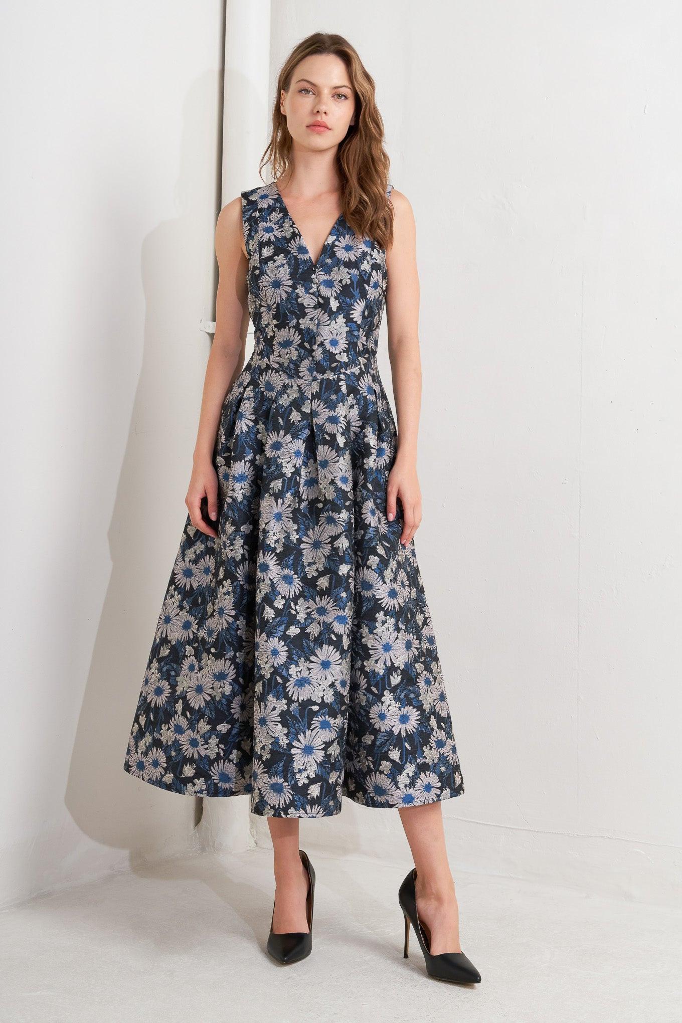 Lux Blooming Woven Jacquard Midi Dress in navy multi, view 1 — Soul Flow Apparel