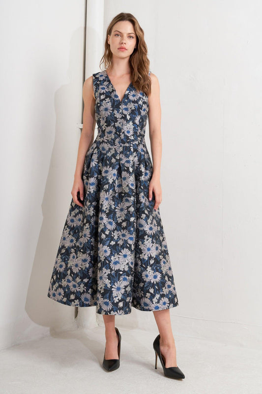 Lux Blooming Woven Jacquard Midi Dress in navy multi, view 1 — Soul Flow Apparel