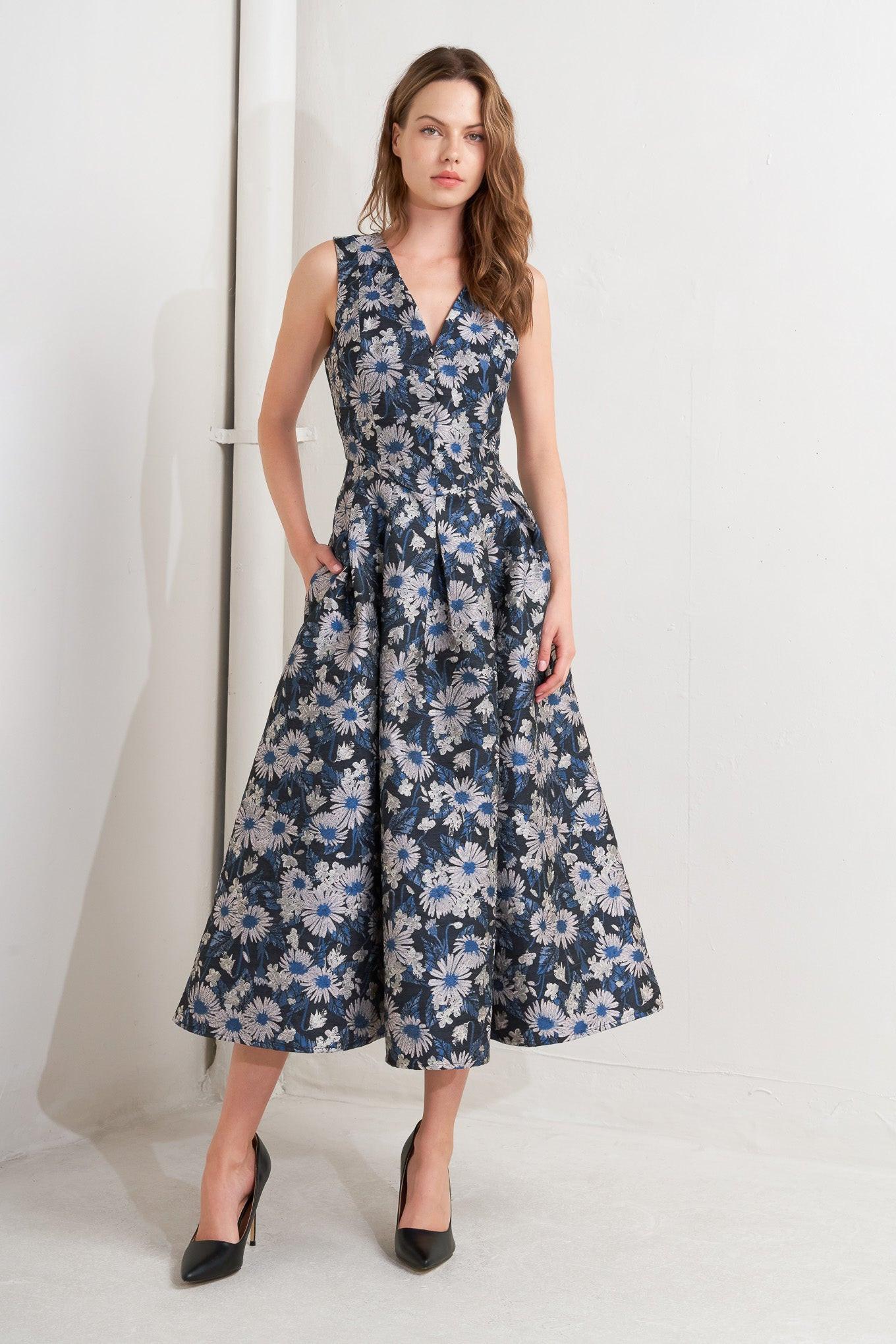 Lux Blooming Woven Jacquard Midi Dress in navy multi, view 2 — Soul Flow Apparel