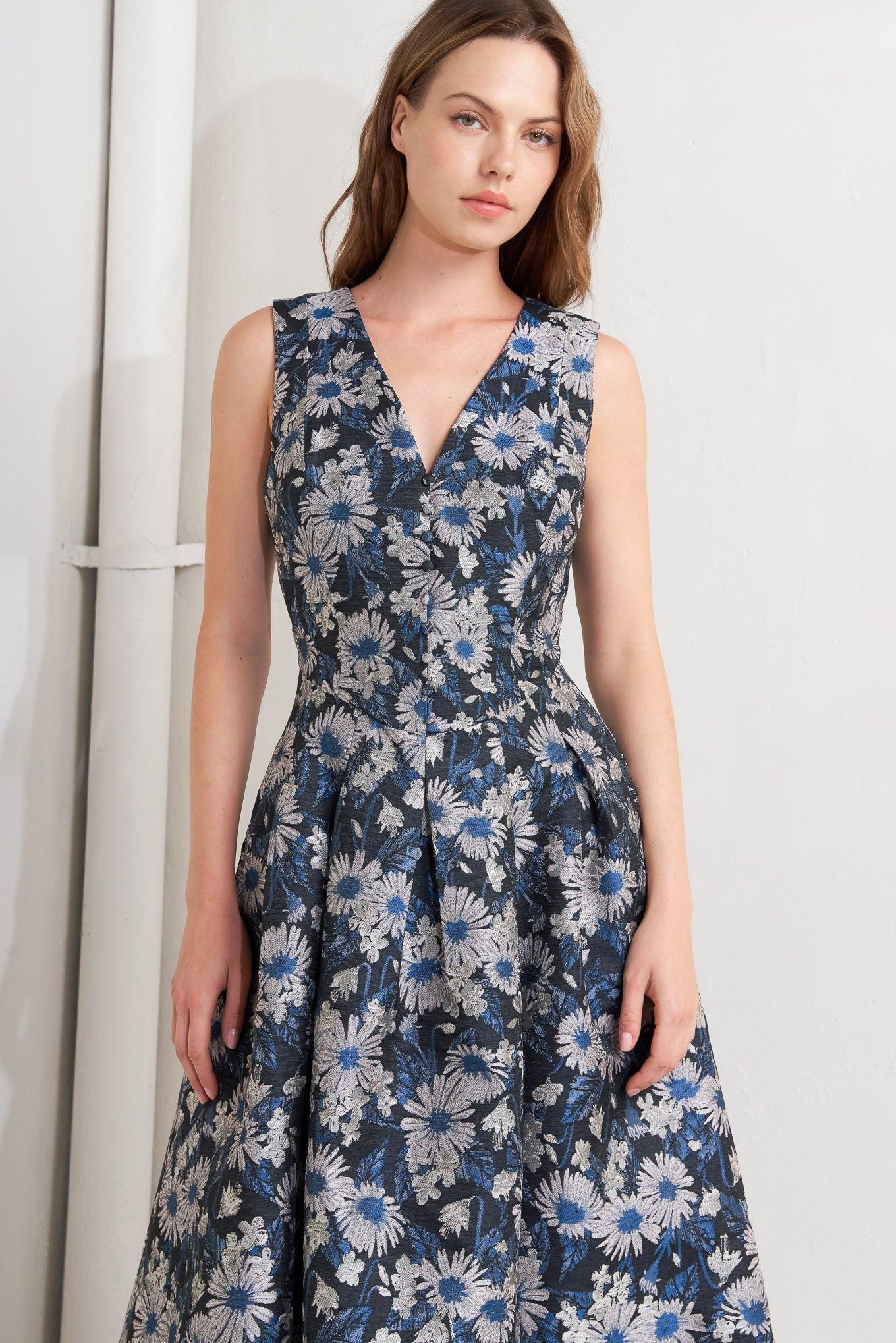 Lux Blooming Woven Jacquard Midi Dress in navy multi, view 4 — Soul Flow Apparel