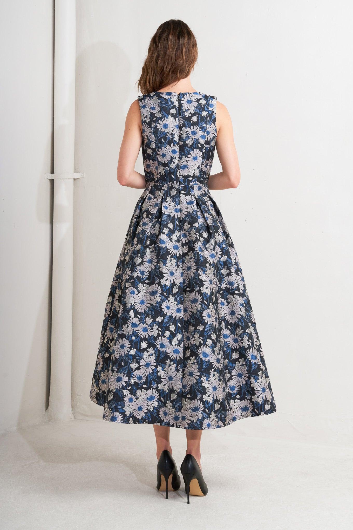 Lux Blooming Woven Jacquard Midi Dress in navy multi, view 6 — Soul Flow Apparel