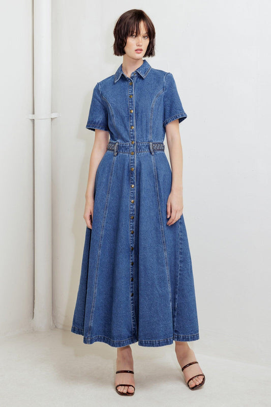 HIDDEN SMILE DENIM MIDI DRESS