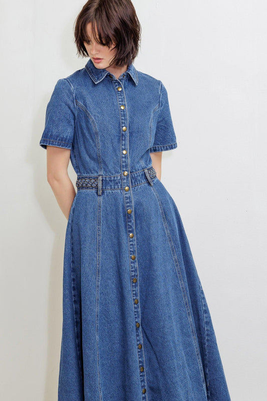 HIDDEN SMILE DENIM MIDI DRESS