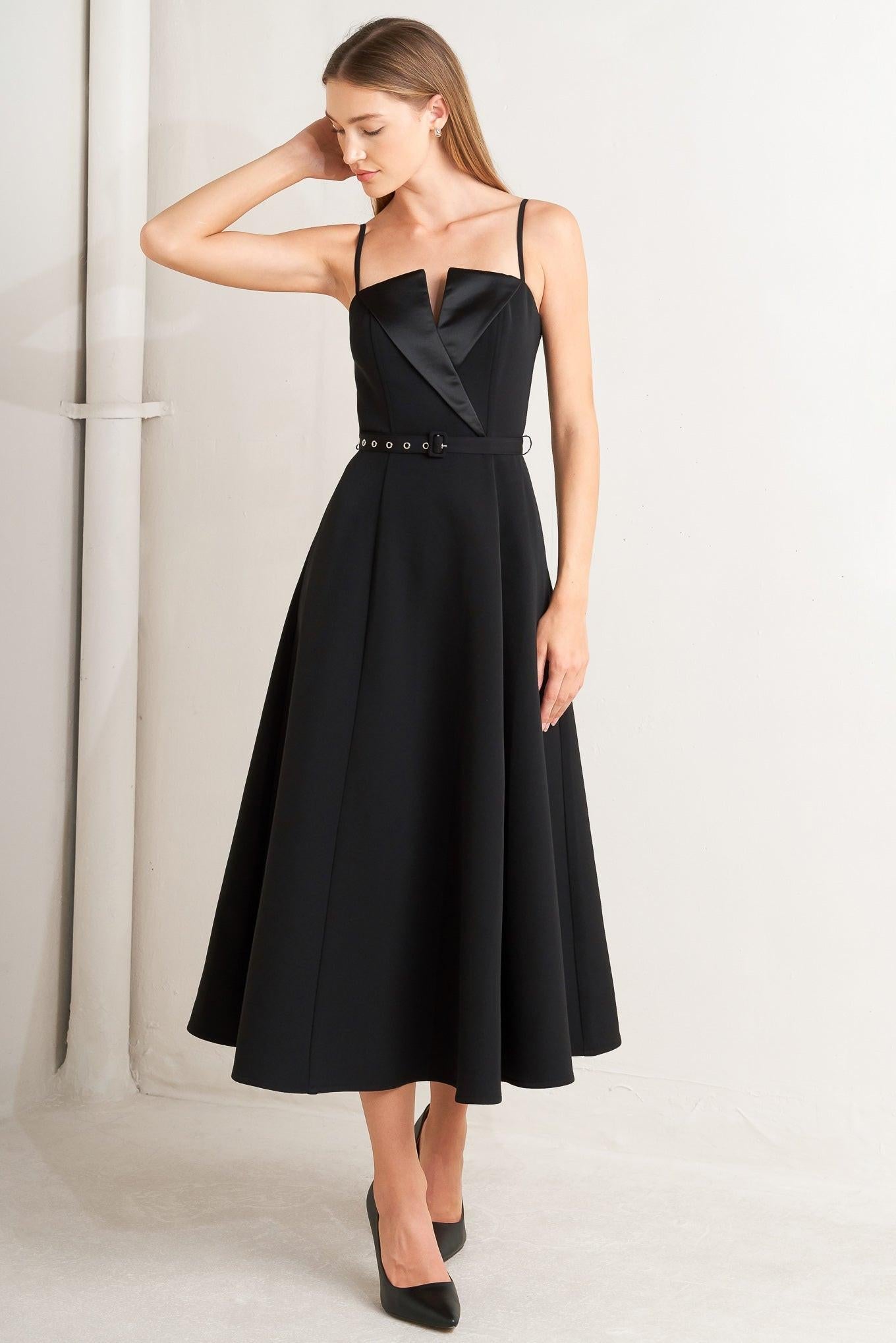 Midnight Tux Woven Midi Dress in black, view 1 — Soul Flow Apparel