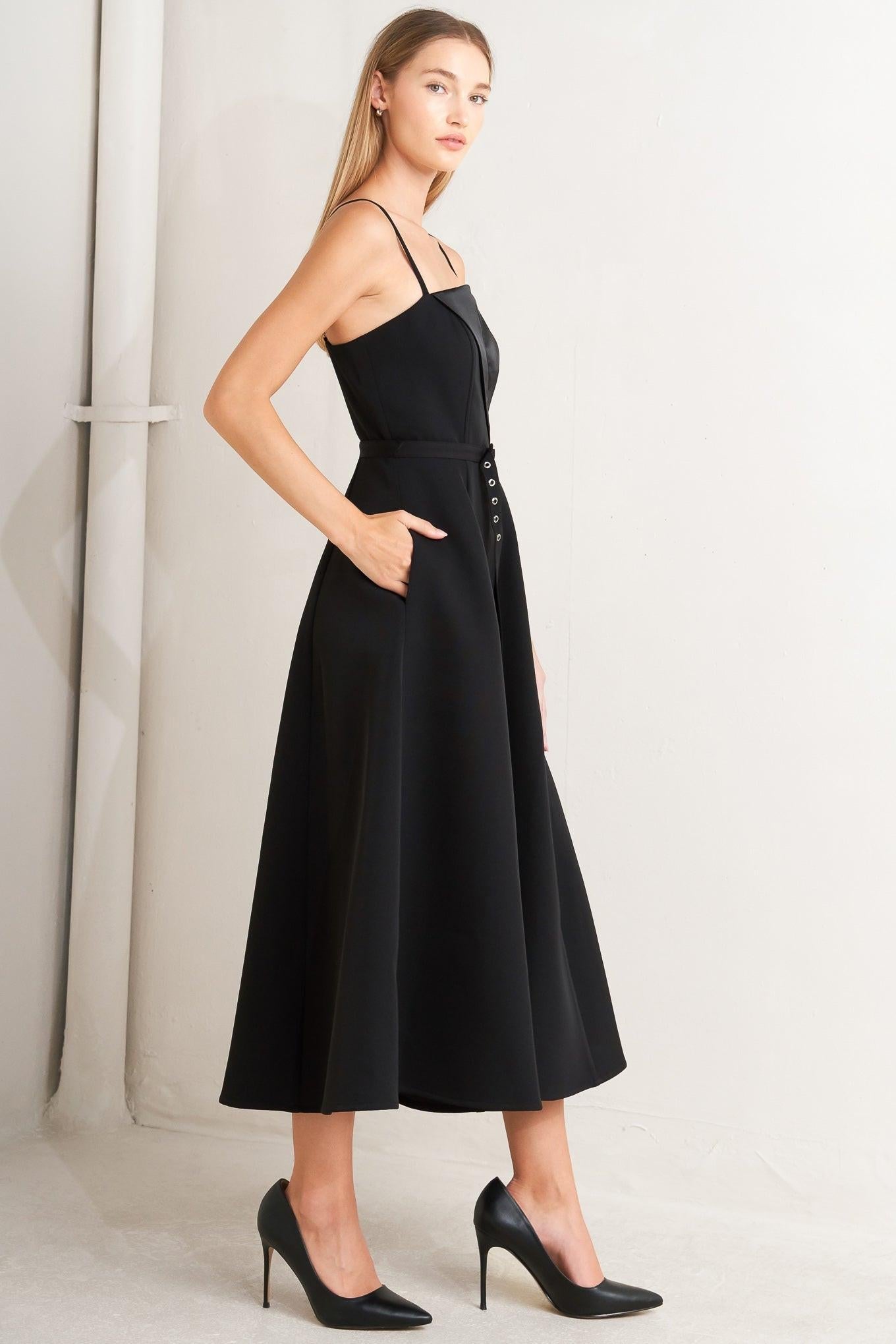 Midnight Tux Woven Midi Dress in black, view 4 — Soul Flow Apparel
