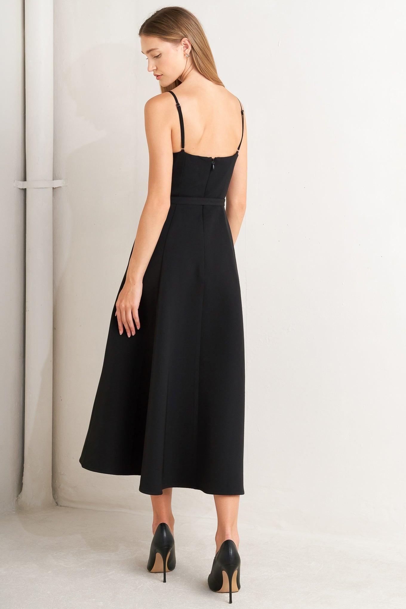 Midnight Tux Woven Midi Dress in black, view 6 — Soul Flow Apparel