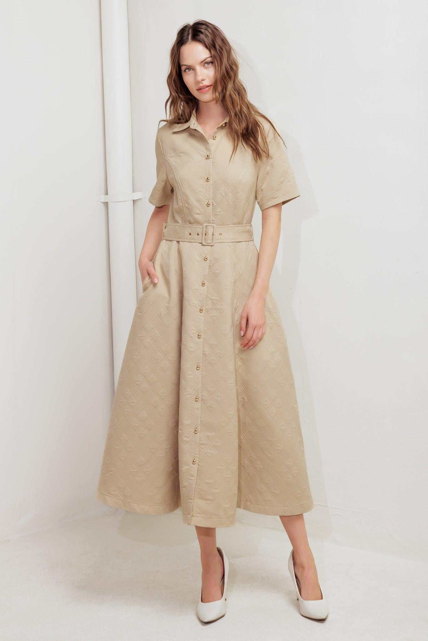 Neutral Chic Woven Midi Dress in taupe, view 1 — Soul Flow Apparel