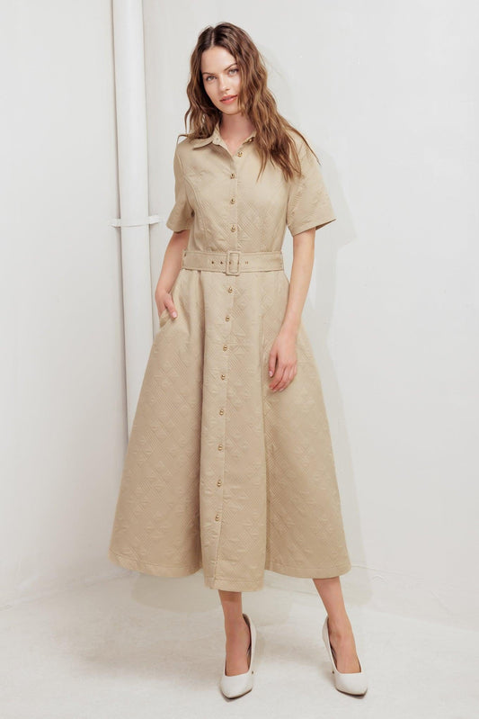 Neutral Chic Woven Midi Dress in taupe, view 1 — Soul Flow Apparel