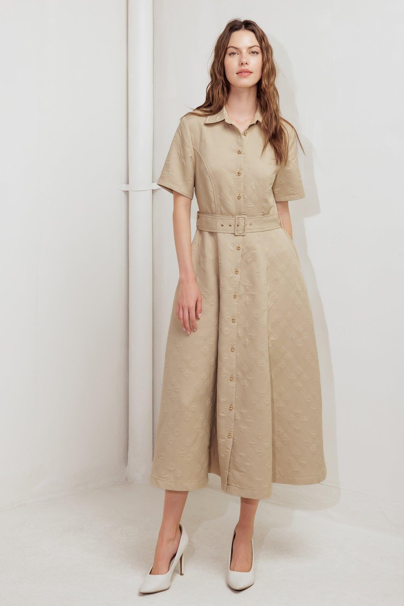 Neutral Chic Woven Midi Dress in taupe, view 2 — Soul Flow Apparel
