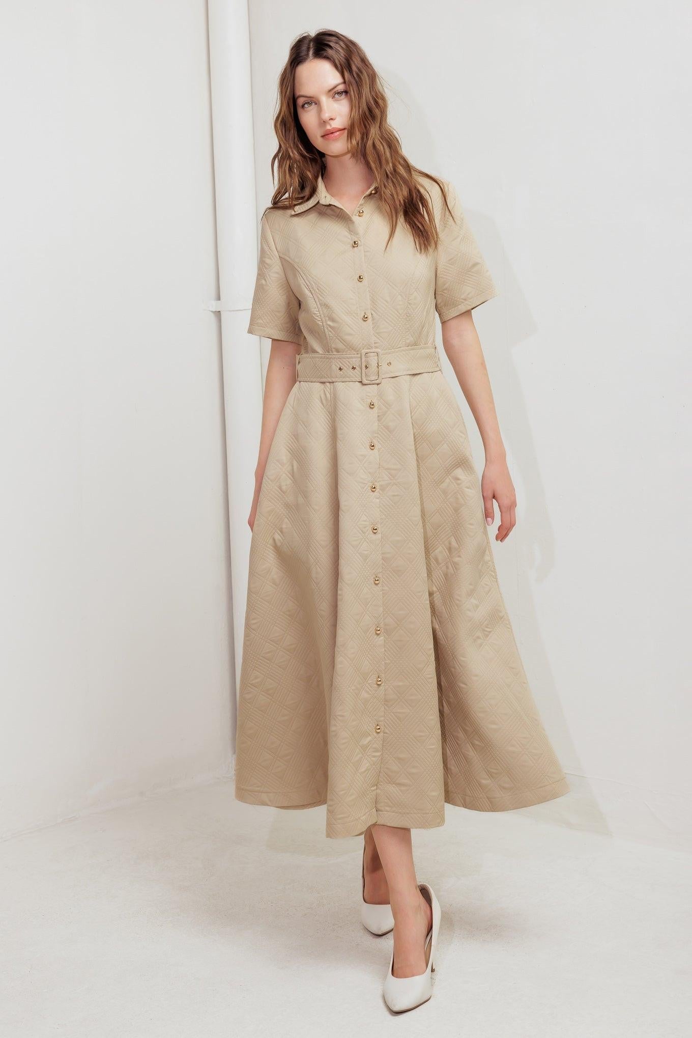 Neutral Chic Woven Midi Dress in taupe, view 3 — Soul Flow Apparel