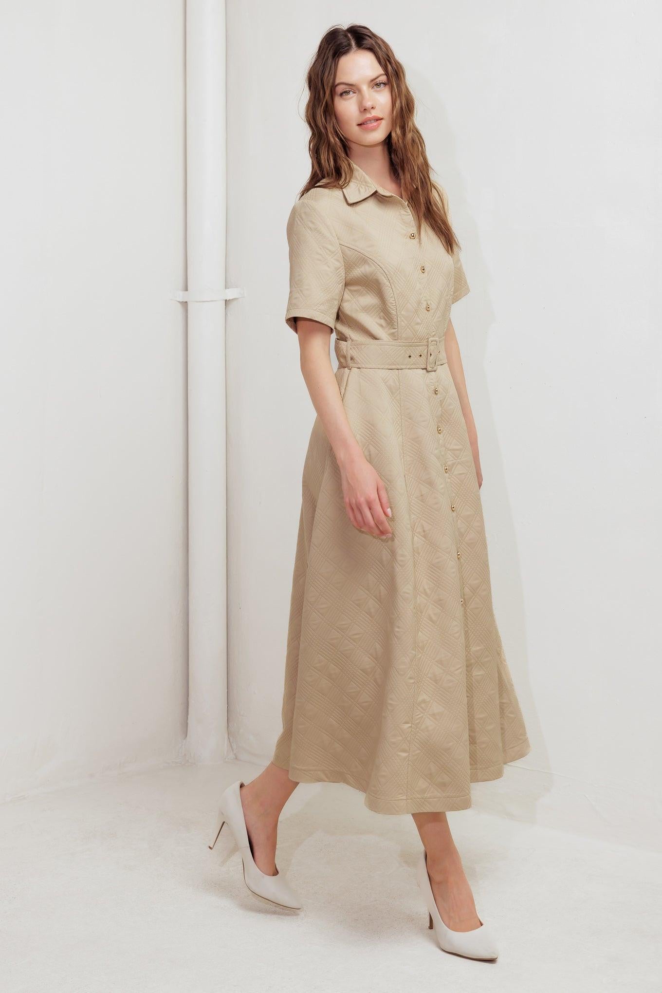 Neutral Chic Woven Midi Dress in taupe, view 4 — Soul Flow Apparel