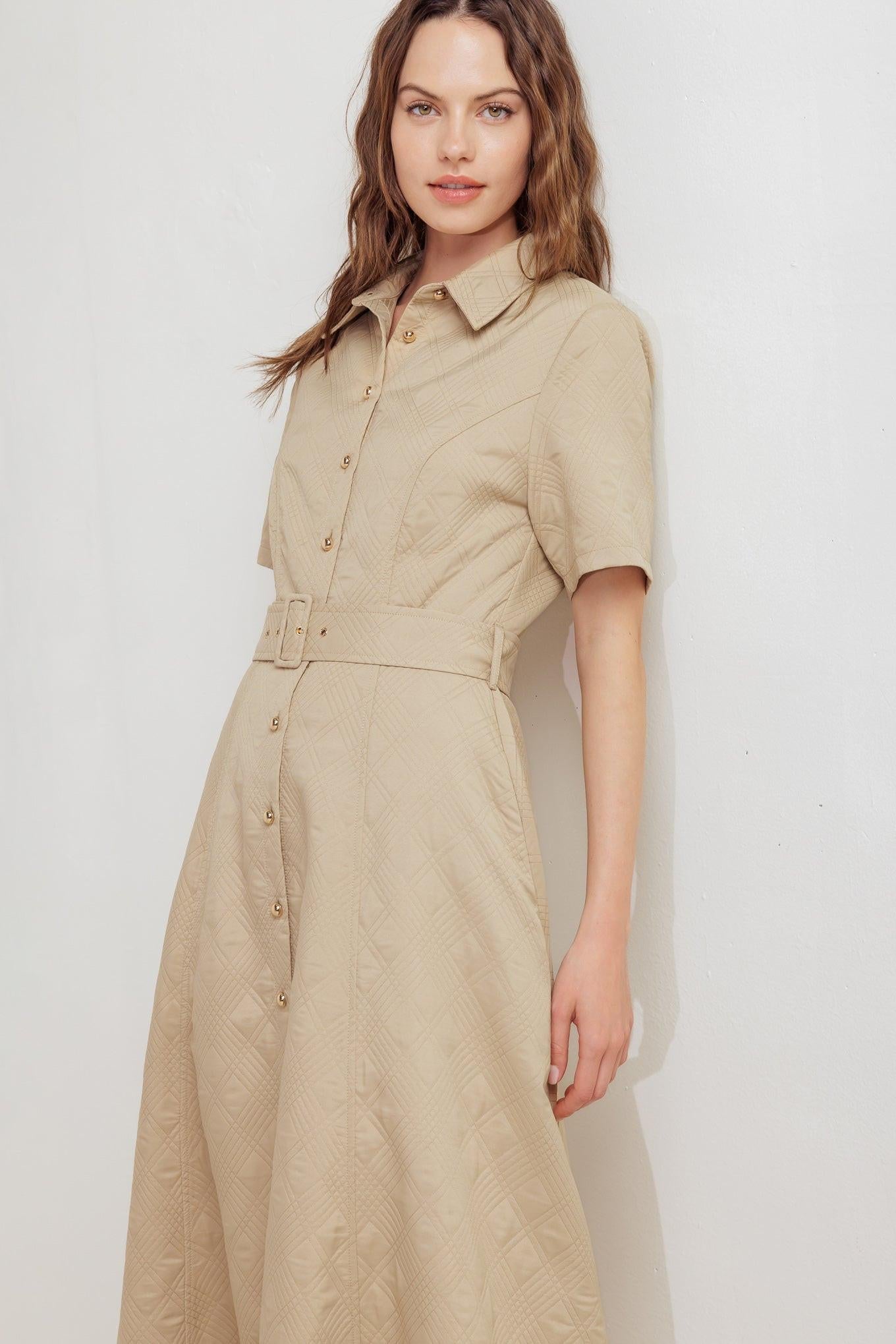 Neutral Chic Woven Midi Dress in taupe, view 7 — Soul Flow Apparel