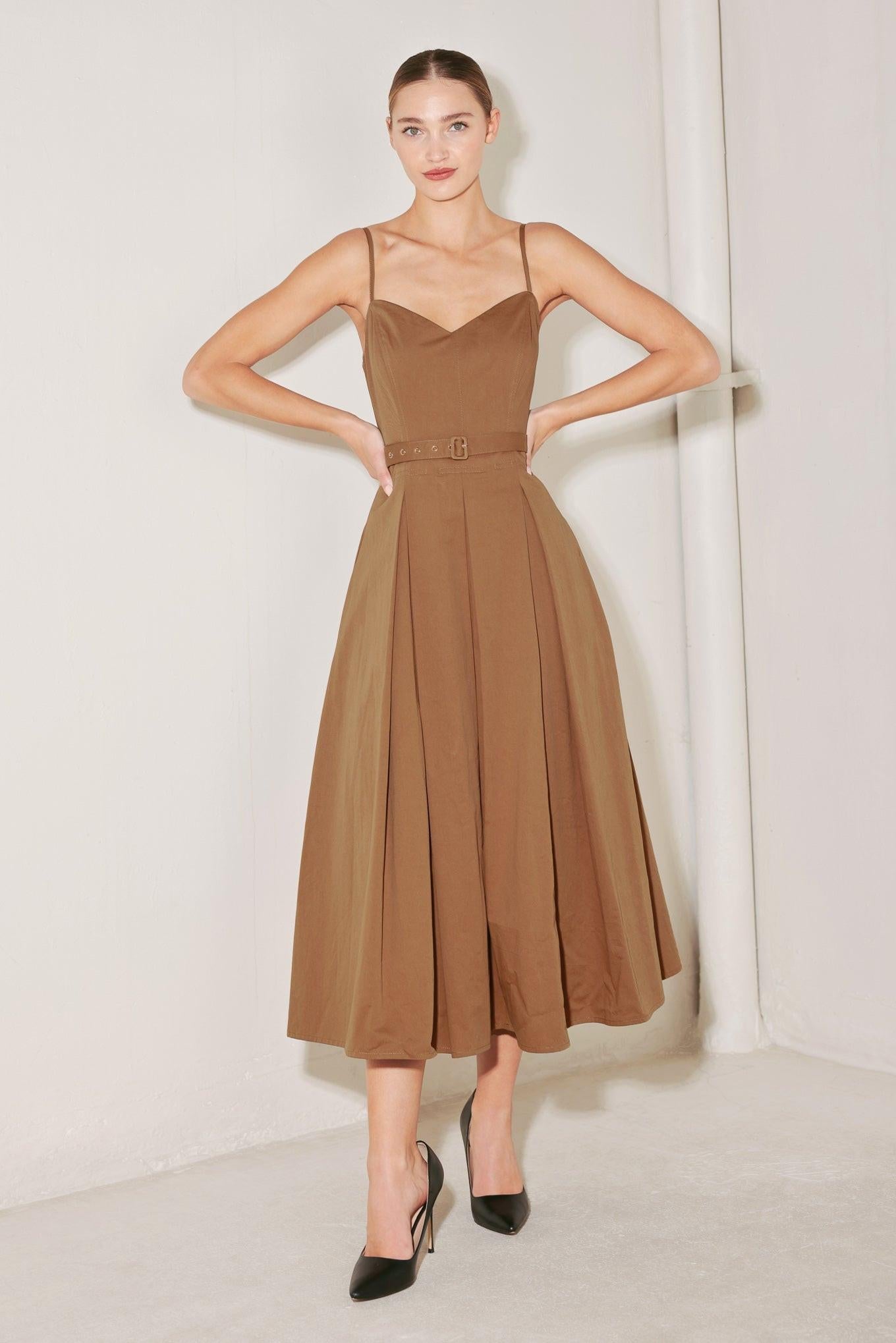 Sunset Silhouette Woven Midi Dress in brown, view 1 — Soul Flow Apparel