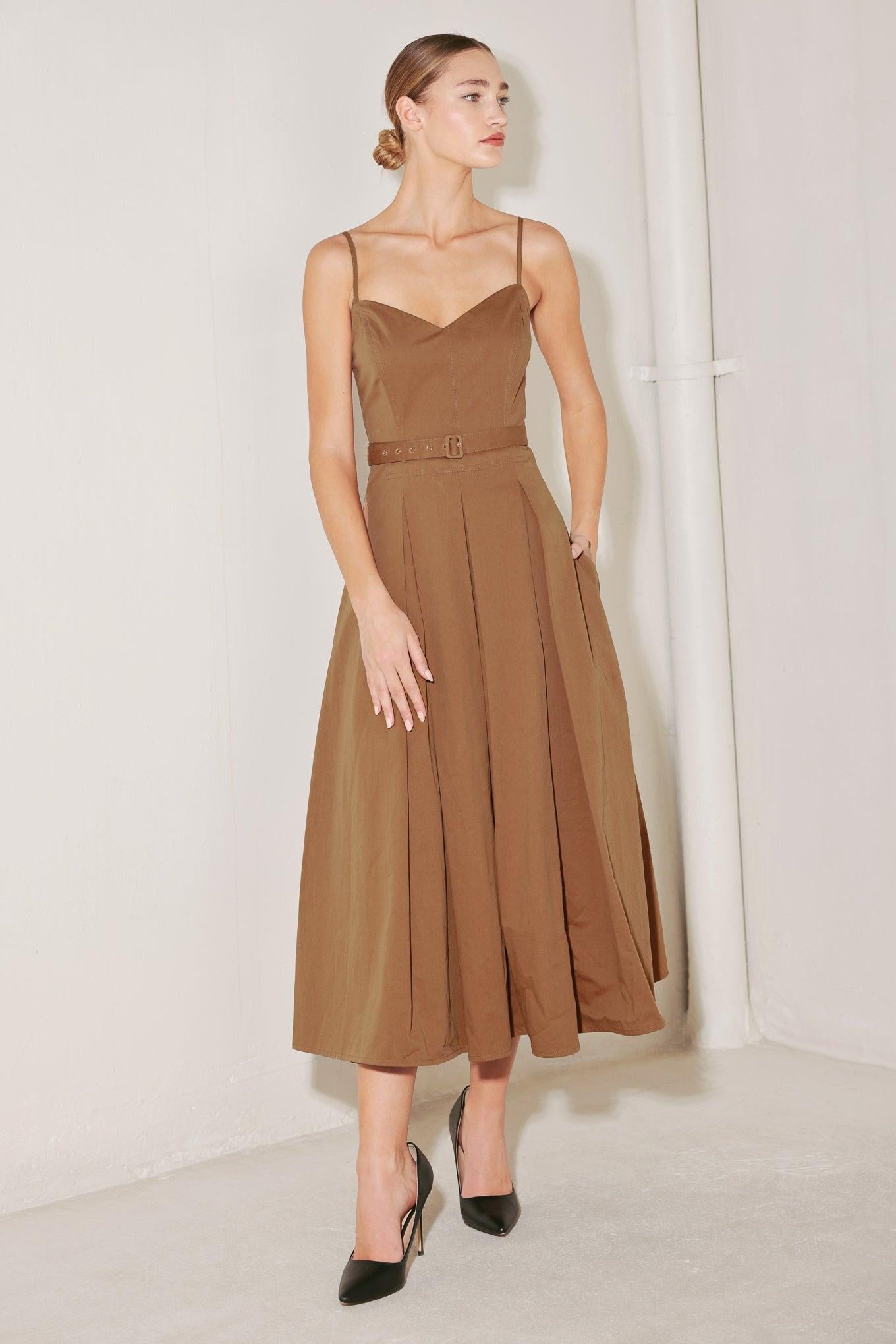 Sunset Silhouette Woven Midi Dress in brown, view 3 — Soul Flow Apparel