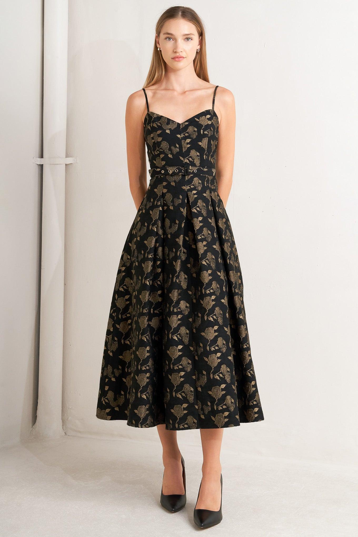 Garden Opera Woven Midi Dress in black brown, view 1 — Soul Flow Apparel