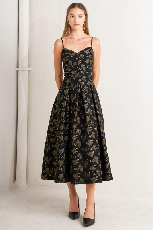 Garden Opera Woven Midi Dress in black brown, view 1 — Soul Flow Apparel