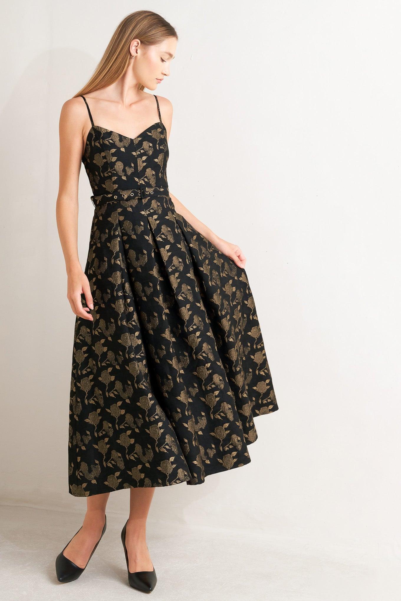 Garden Opera Woven Midi Dress in black brown, view 2 — Soul Flow Apparel