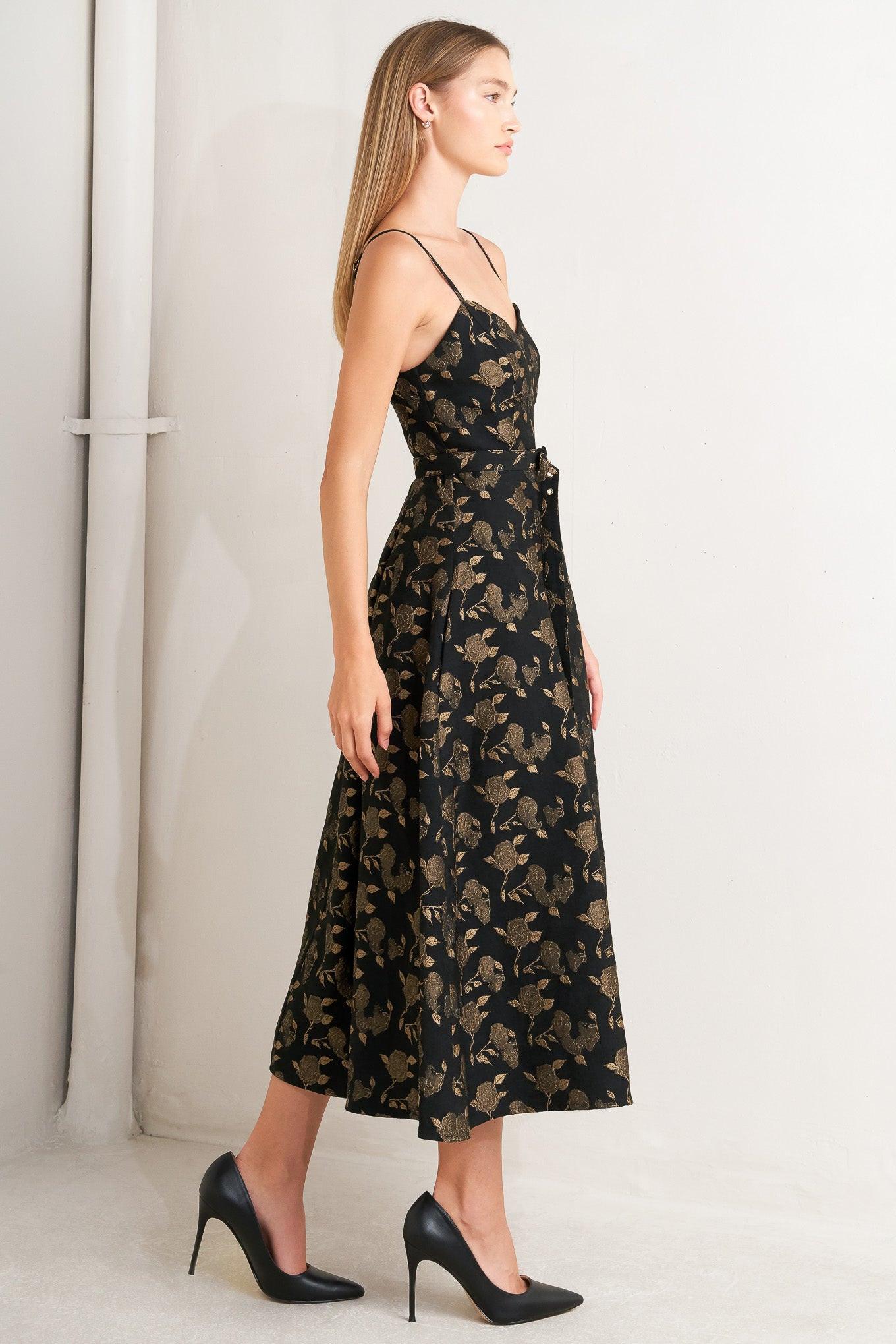 Garden Opera Woven Midi Dress in black brown, view 4 — Soul Flow Apparel