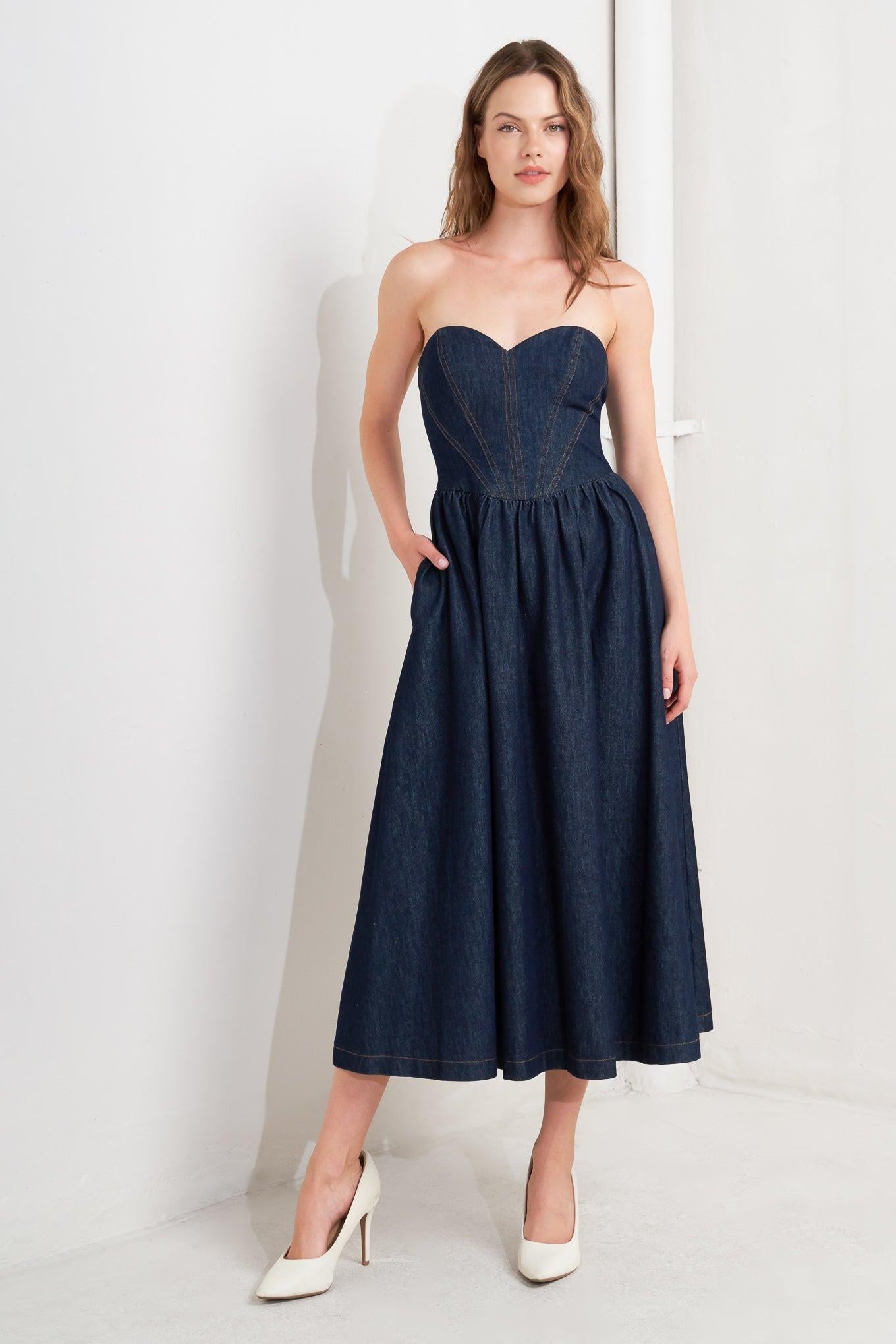 Vintage Siren Denim Midi Dress, view 1 — Soul Flow Apparel