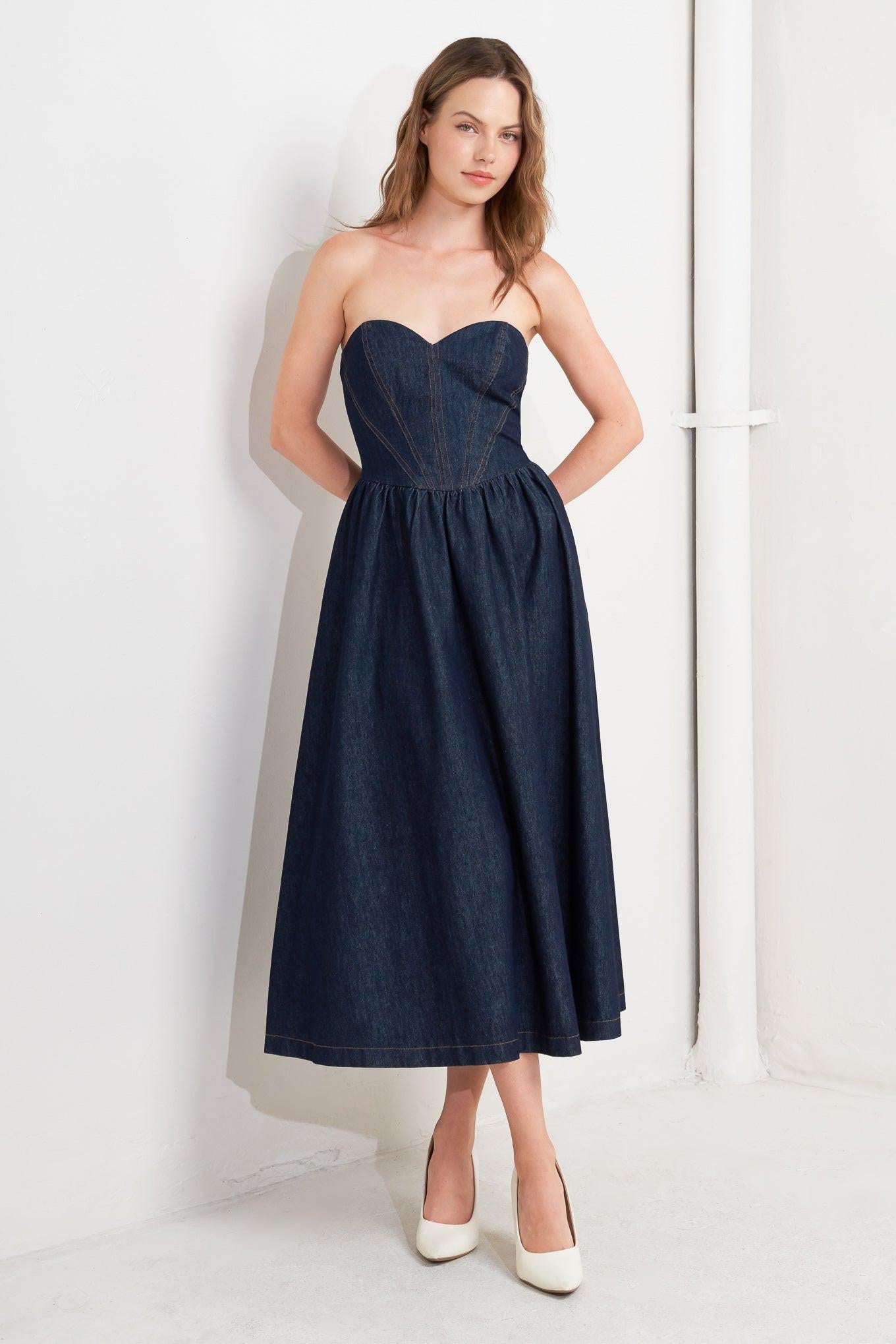 Vintage Siren Denim Midi Dress, view 2 — Soul Flow Apparel