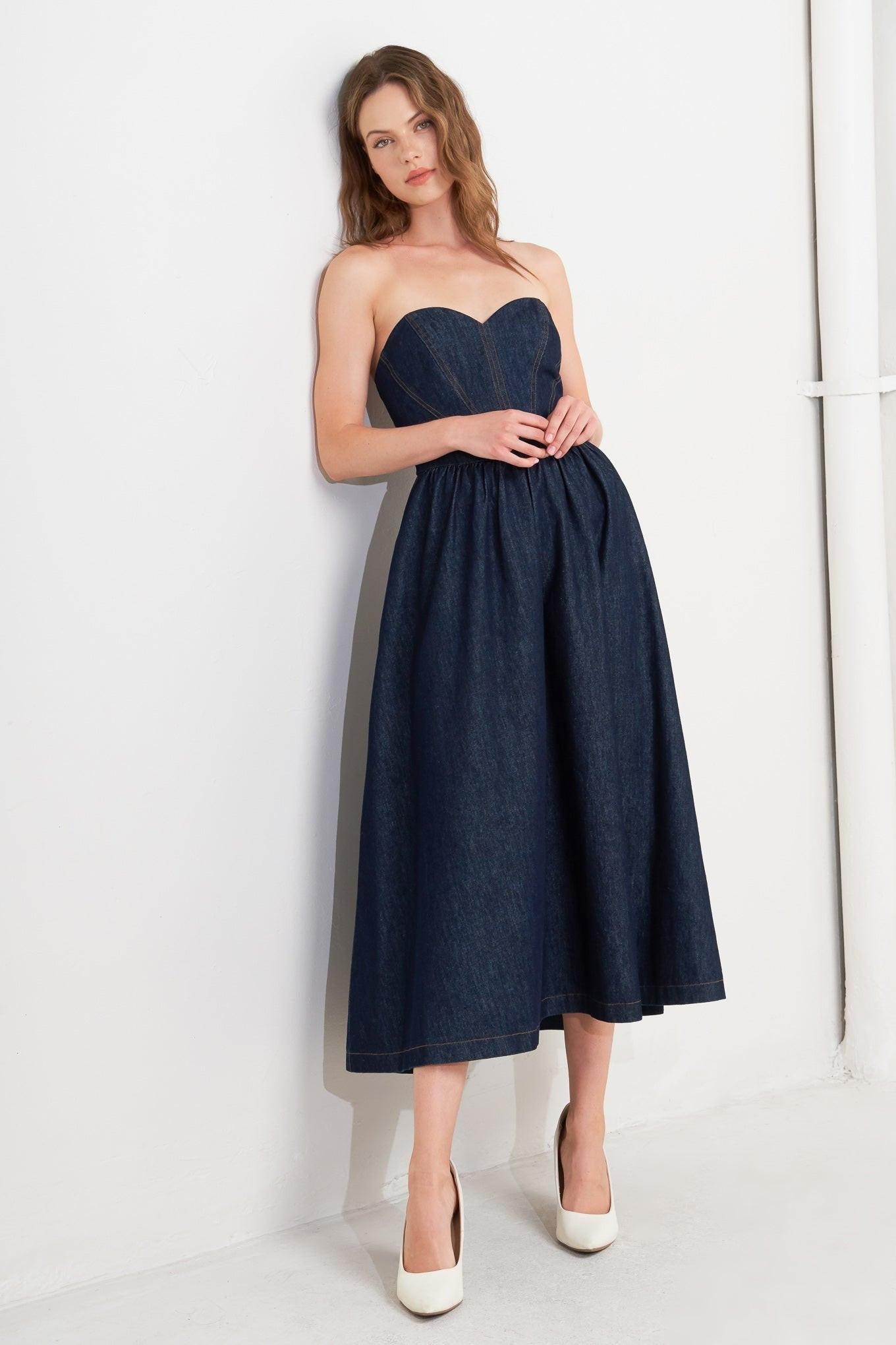 Vintage Siren Denim Midi Dress, view 3 — Soul Flow Apparel