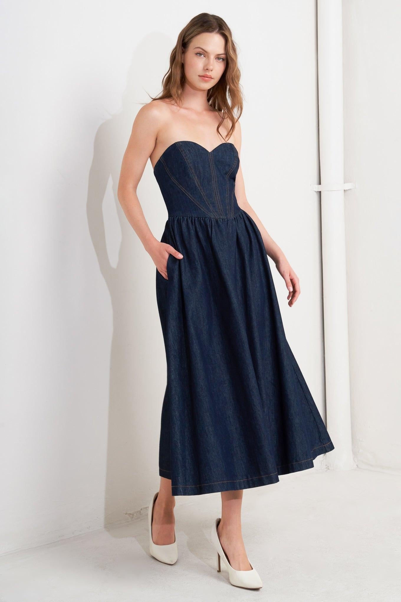 Vintage Siren Denim Midi Dress, view 4 — Soul Flow Apparel