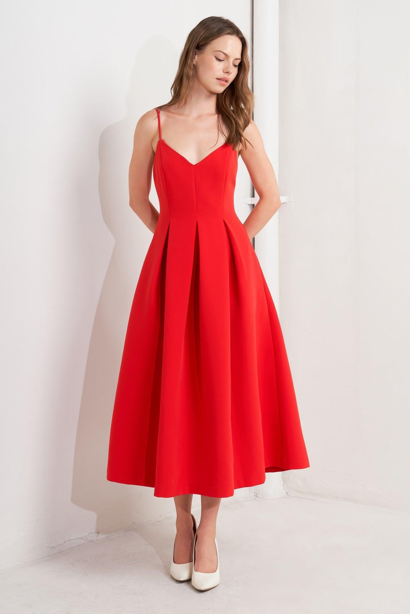 Ruby Affair Woven Midi Dress in red, view 1 — Soul Flow Apparel