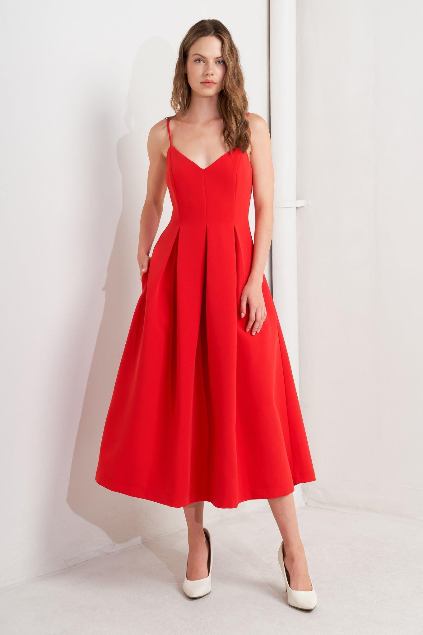 Ruby Affair Woven Midi Dress in red, view 2 — Soul Flow Apparel