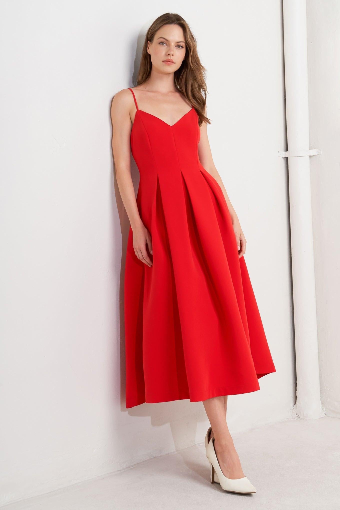 Ruby Affair Woven Midi Dress in red, view 3 — Soul Flow Apparel