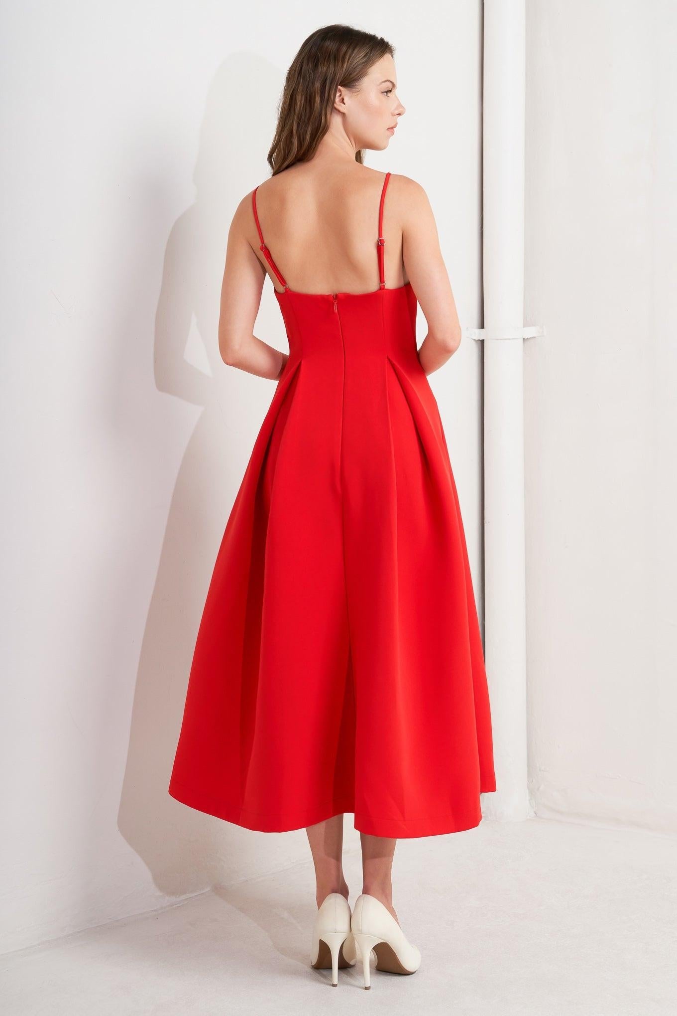 Ruby Affair Woven Midi Dress in red, view 4 — Soul Flow Apparel