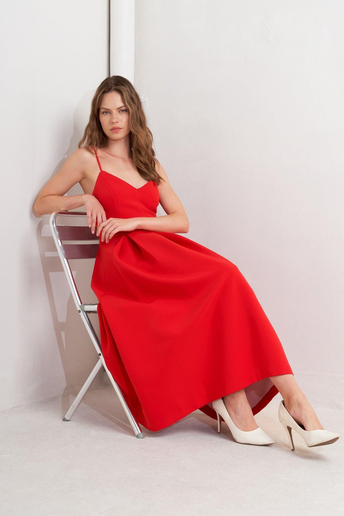 Ruby Affair Woven Midi Dress in red, view 7 — Soul Flow Apparel