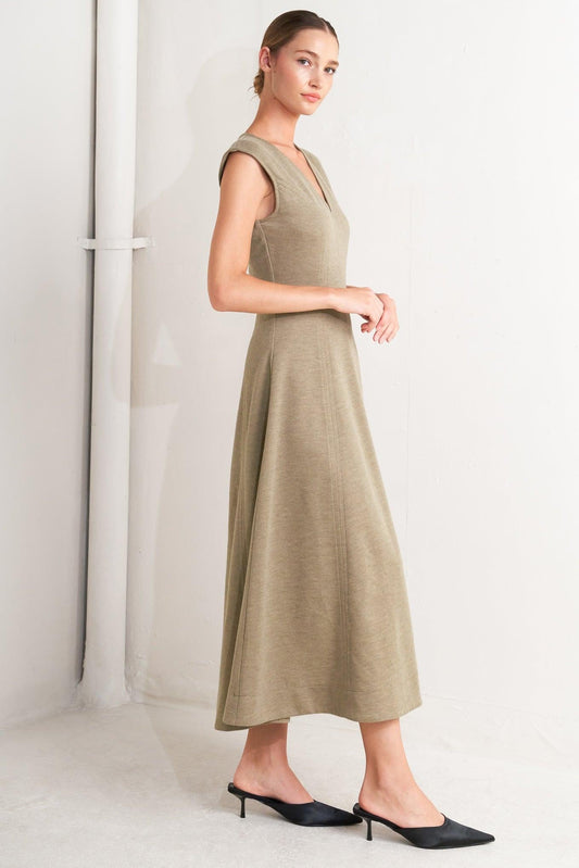Sophisticated Simplicity Woven Knit Midi Dress in mocha, view 3 — Soul Flow Apparel
