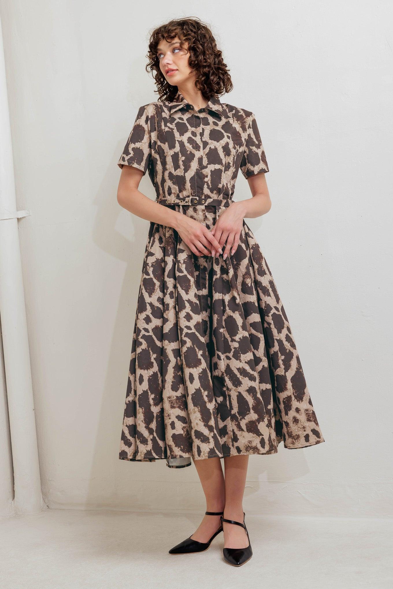Tame Giraffe Woven Midi Dress in brown multi, view 1 — Soul Flow Apparel