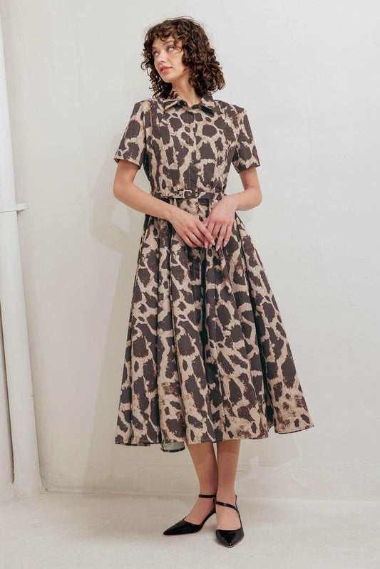 Tame Giraffe Woven Midi Dress in brown multi, view 1 — Soul Flow Apparel