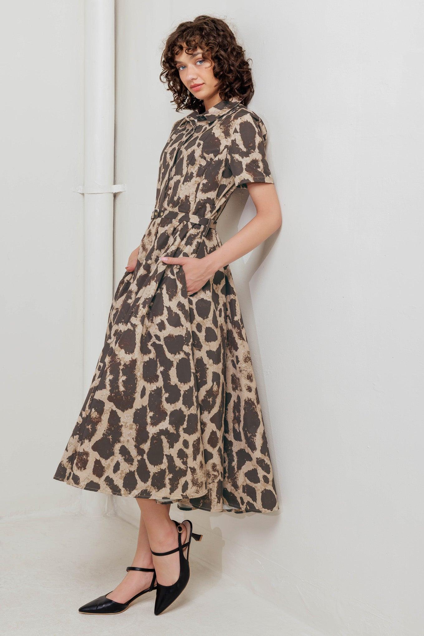 Tame Giraffe Woven Midi Dress in brown multi, view 2 — Soul Flow Apparel