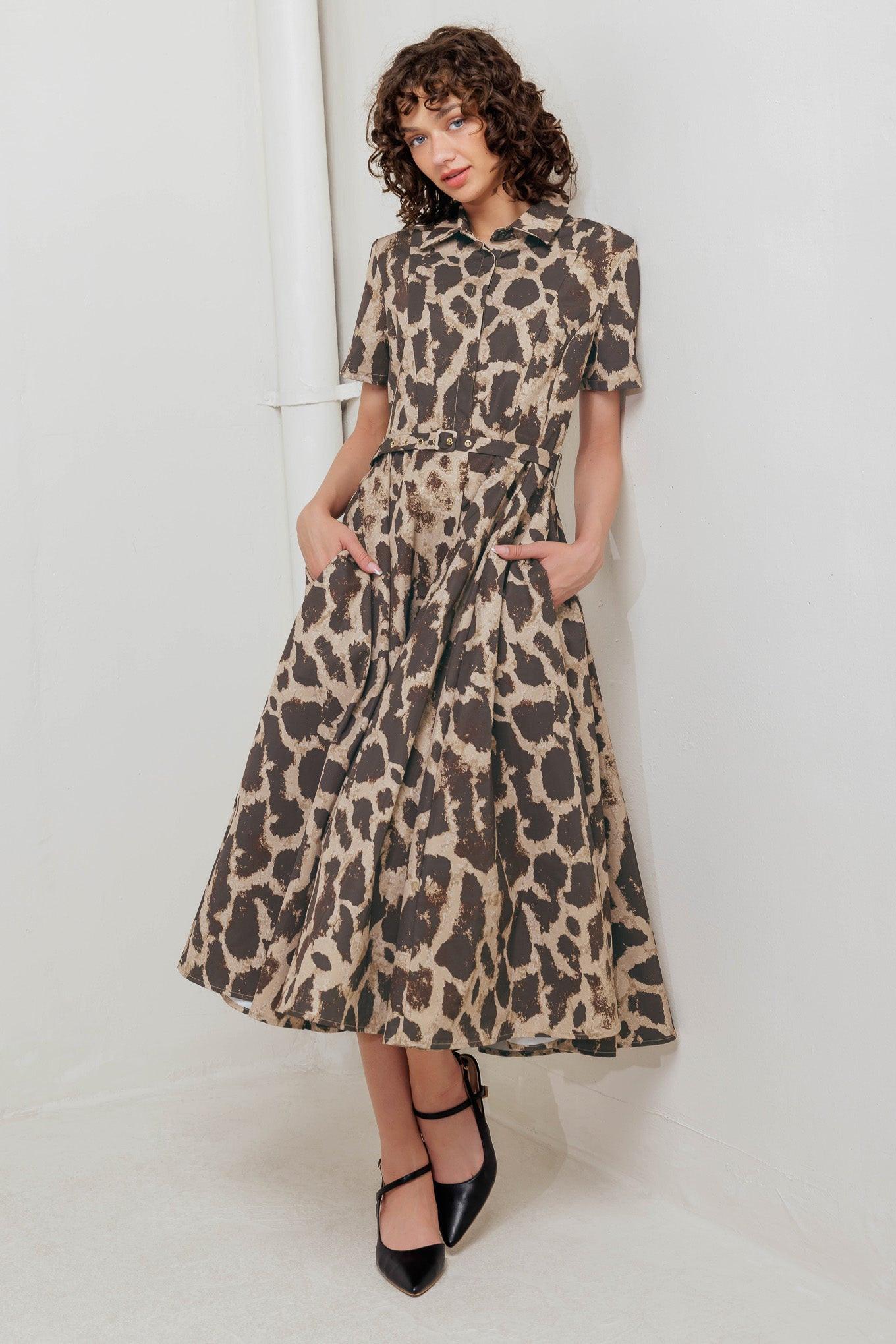 Tame Giraffe Woven Midi Dress in brown multi, view 3 — Soul Flow Apparel