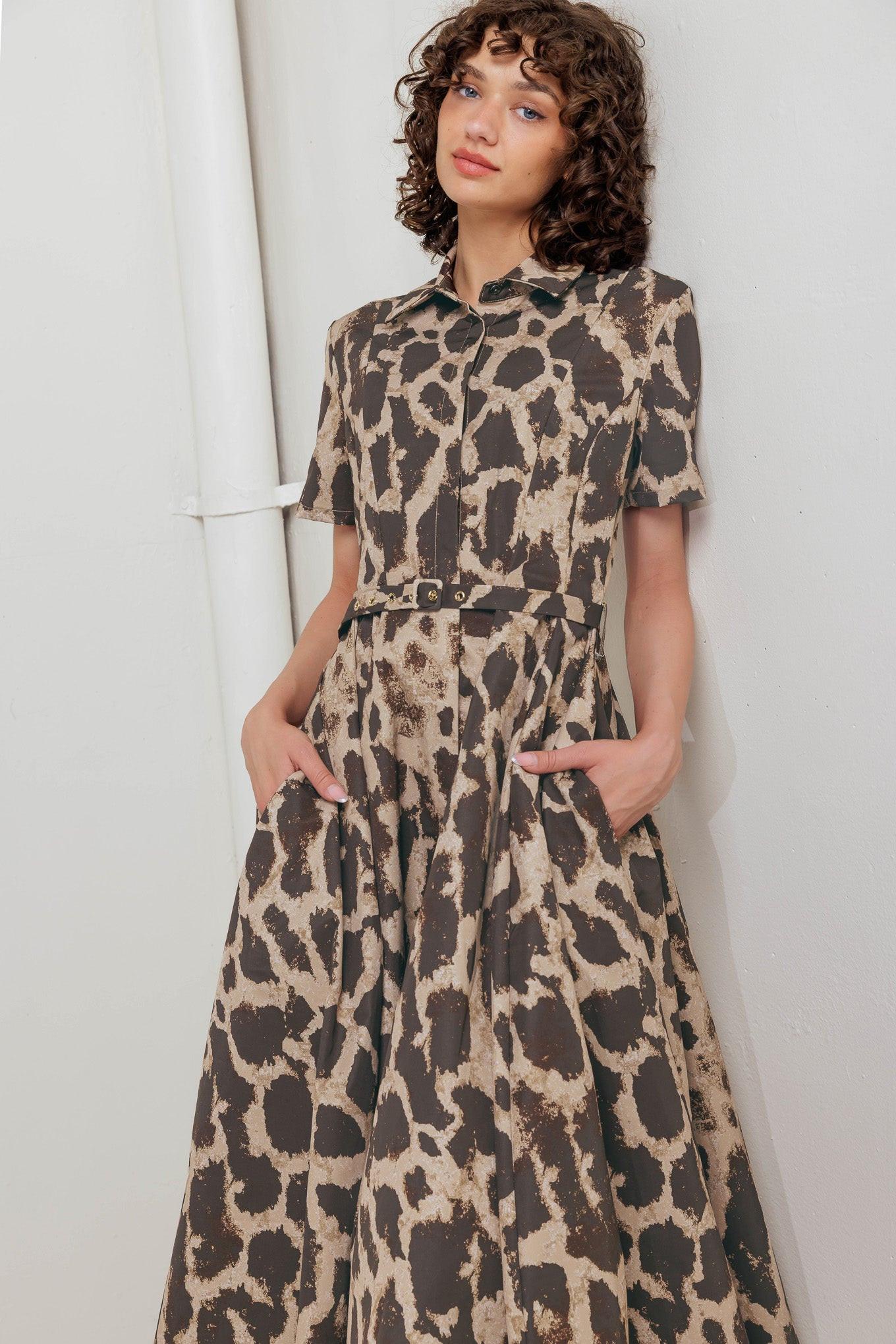 Tame Giraffe Woven Midi Dress in brown multi, view 4 — Soul Flow Apparel