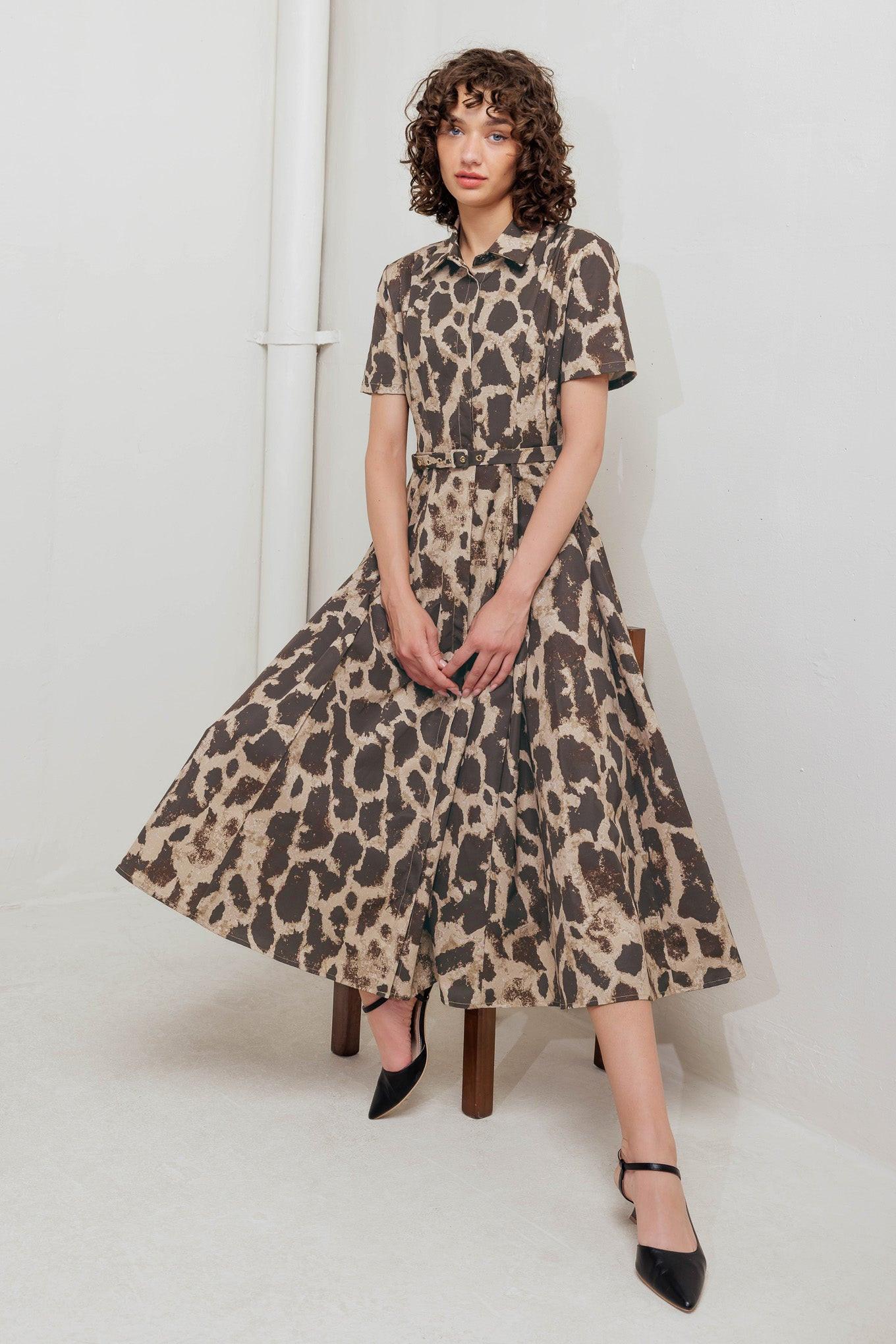 Tame Giraffe Woven Midi Dress in brown multi, view 5 — Soul Flow Apparel