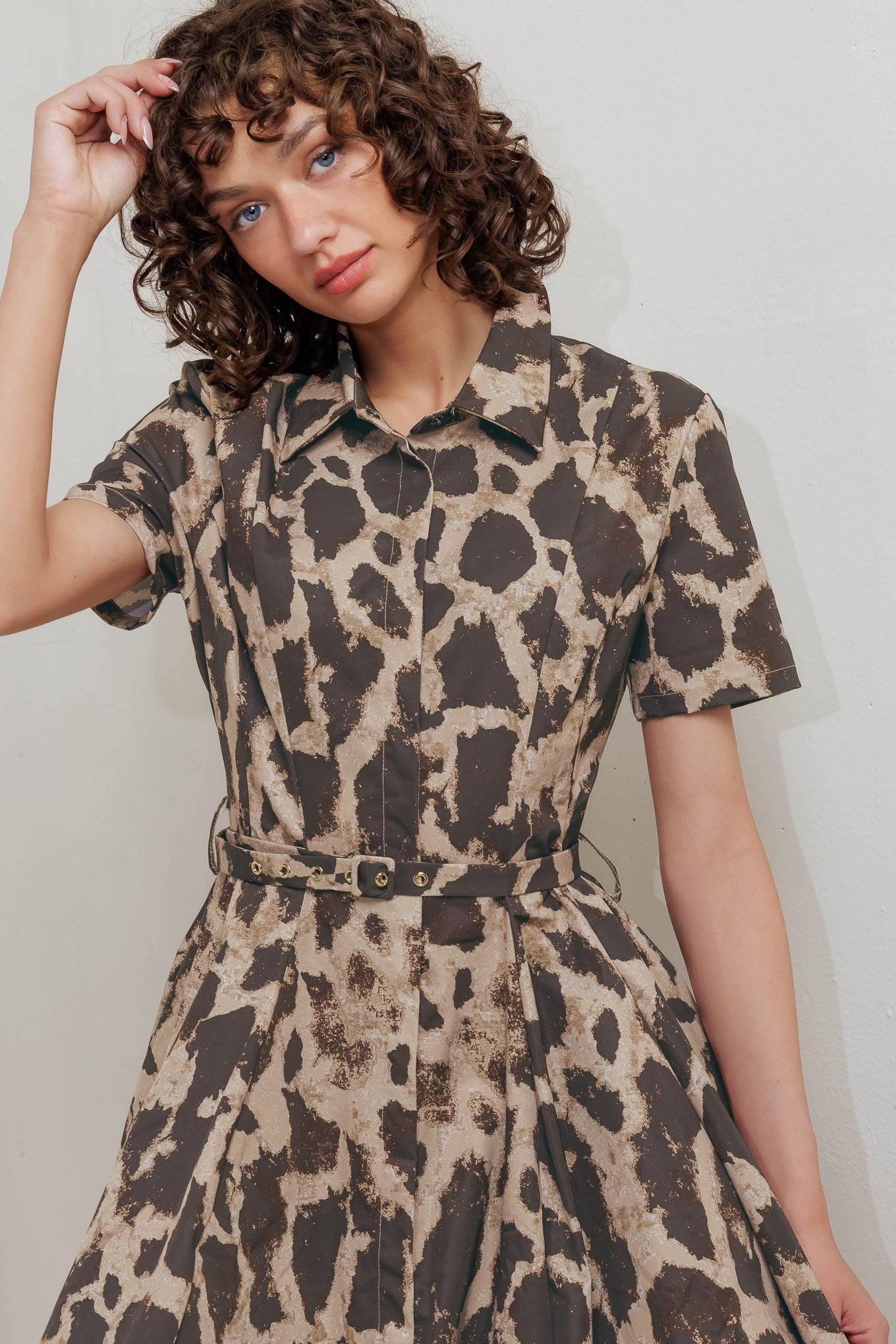 Tame Giraffe Woven Midi Dress in brown multi, view 6 — Soul Flow Apparel