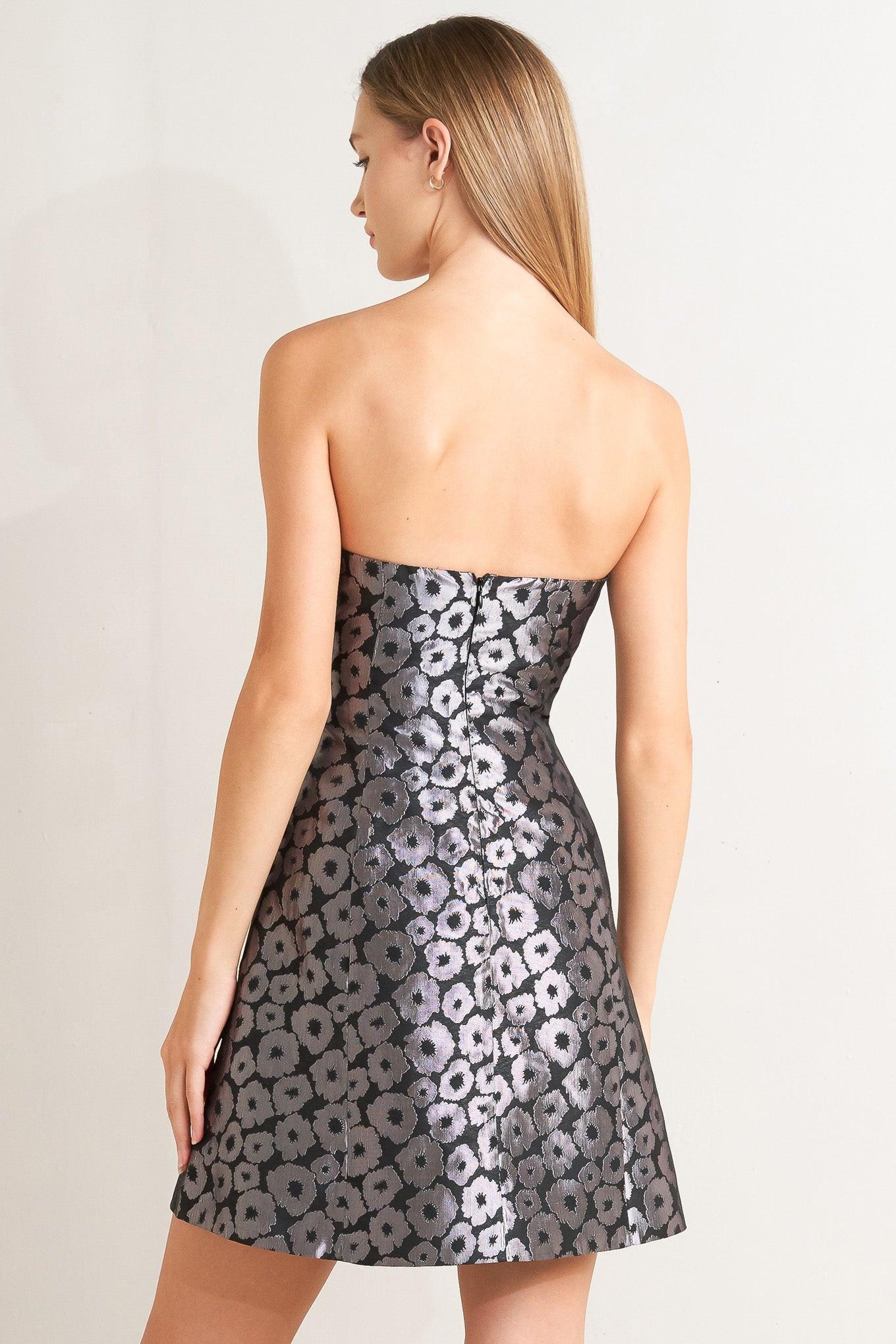 Shine on Me Woven Jacquard Mini Dress in black silver, view 5 — Soul Flow Apparel