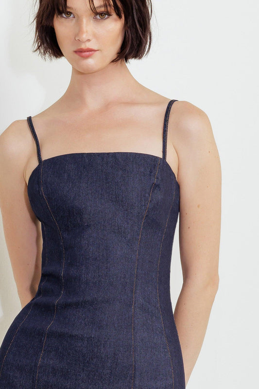 Quiet Curve Dark Denim Midi Dress, view 1 — Soul Flow Apparel