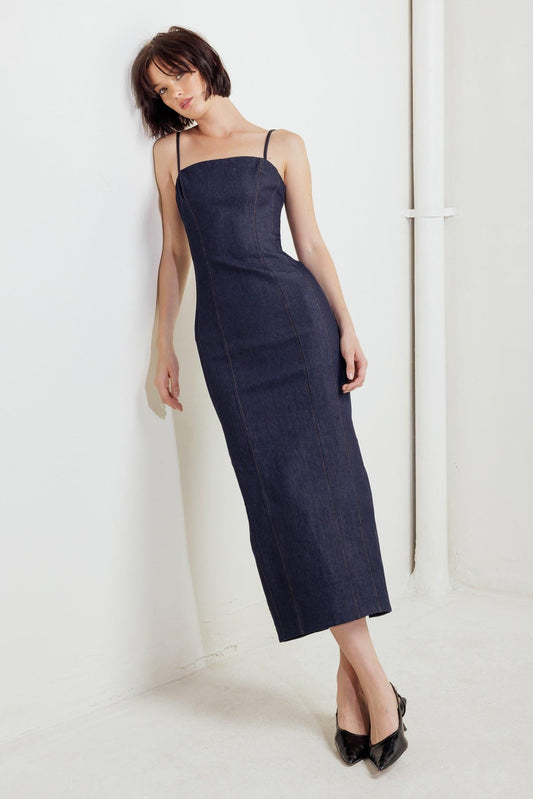 Quiet Curve Dark Denim Midi Dress, view 6 — Soul Flow Apparel