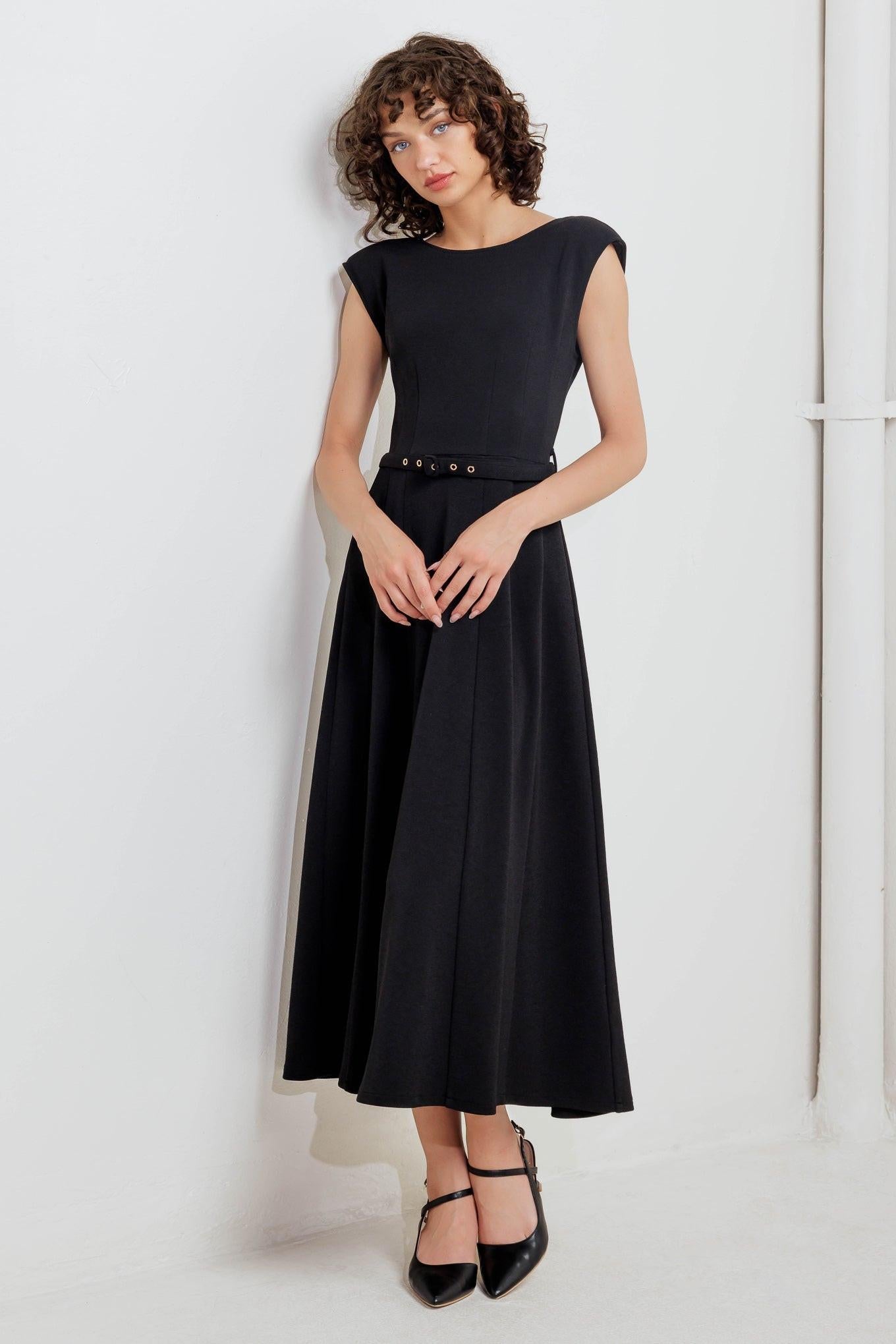 Modern Mona Woven Midi Dress in black, view 1 — Soul Flow Apparel