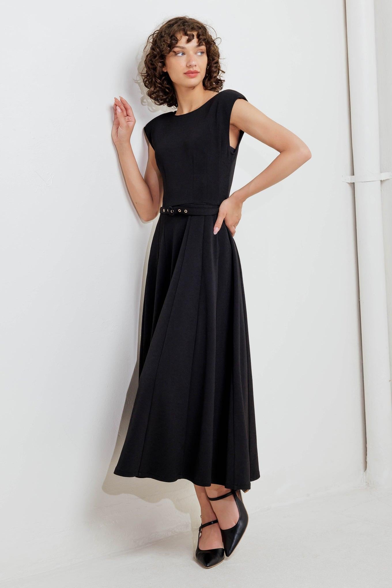 Modern Mona Woven Midi Dress in black, view 2 — Soul Flow Apparel